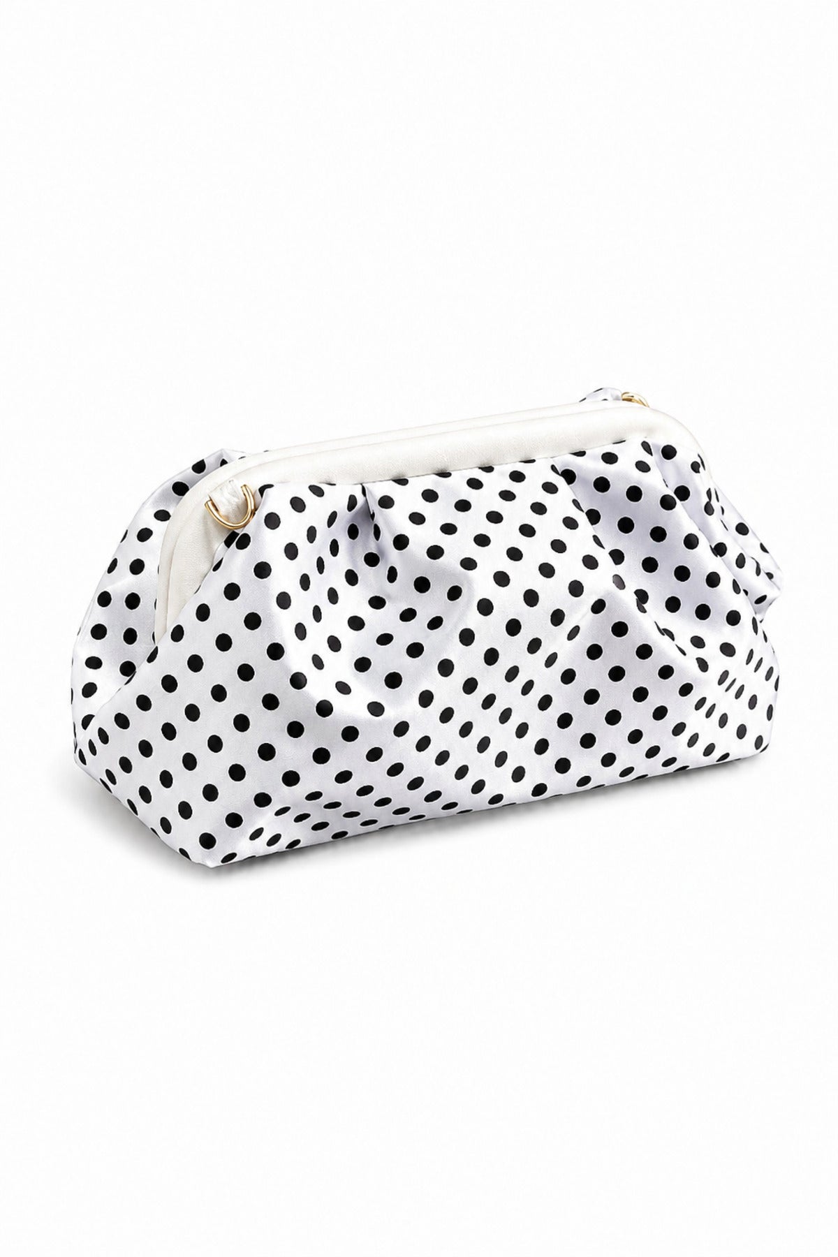 Kadın Premium Puantiyeli Saten Büzgülü Clutch Çanta - Beyaz