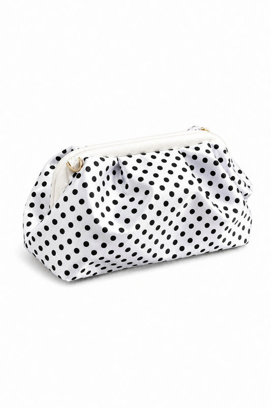 Kadın Premium Puantiyeli Saten Büzgülü Clutch Çanta - Beyaz