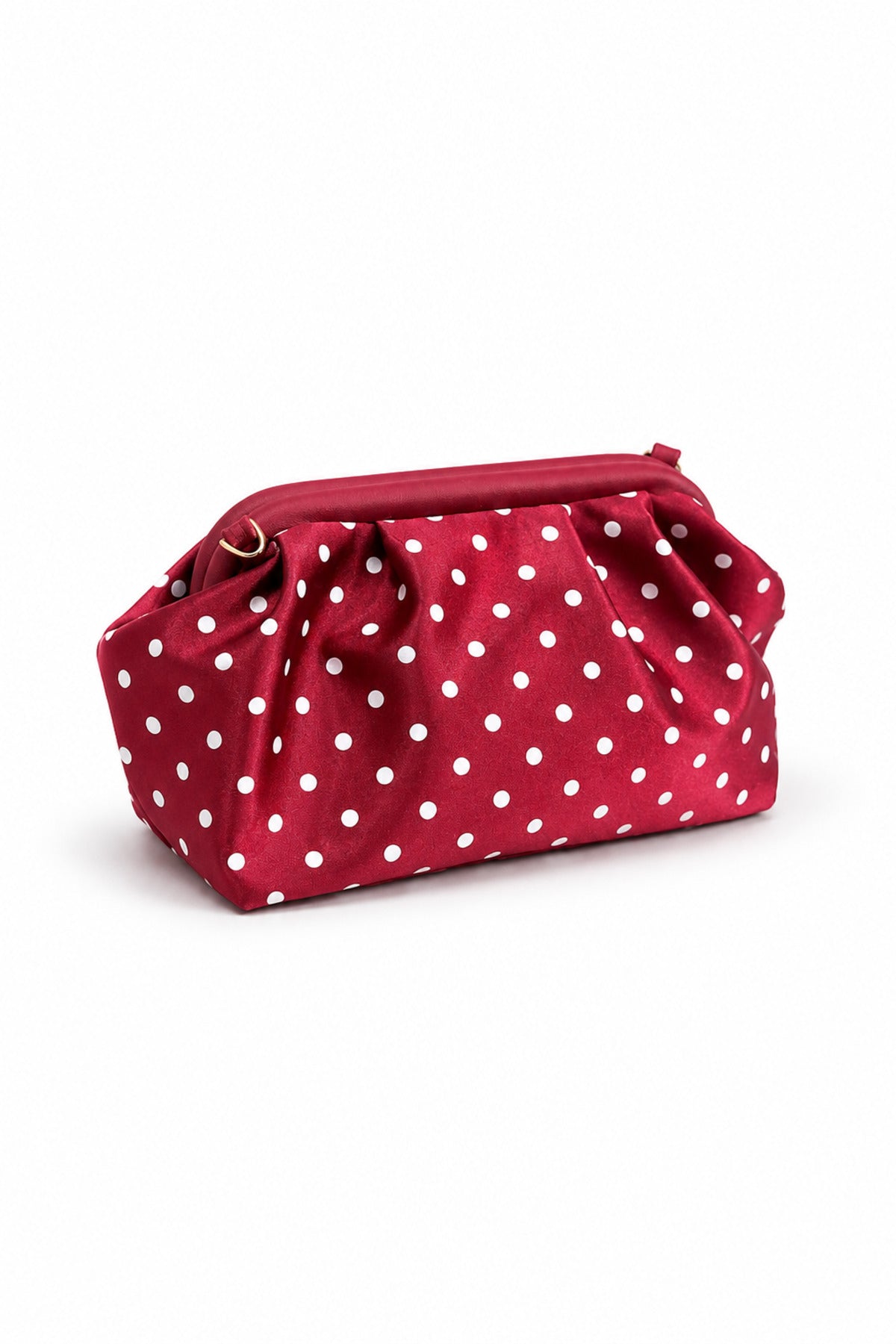 Kadın Premium Puantiyeli Saten Büzgülü Clutch Çanta - Bordo