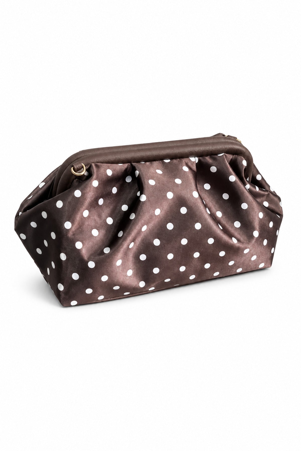 Kadın Premium Puantiyeli Saten Büzgülü Clutch Çanta - Kahverengi