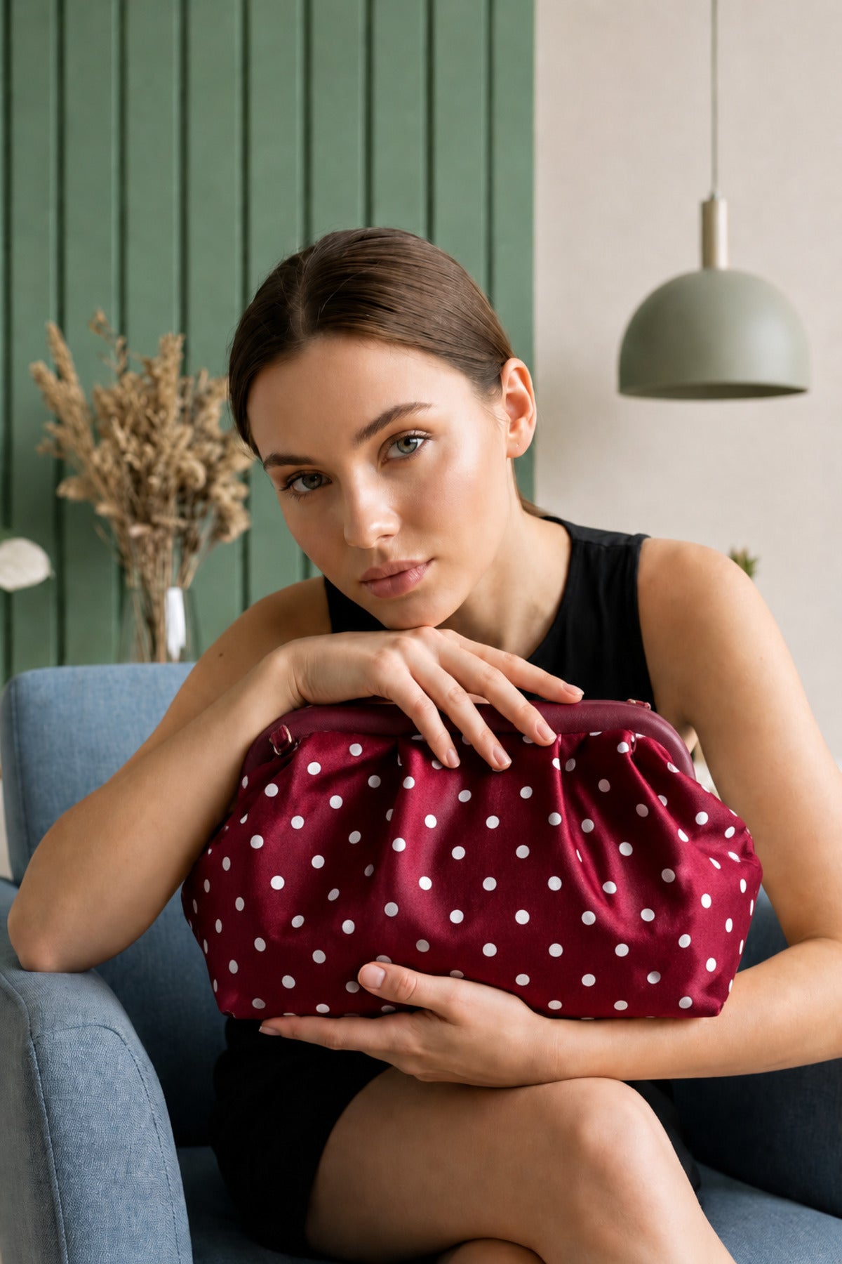 Kadın Premium Puantiyeli Saten Büzgülü Clutch Çanta - Bordo